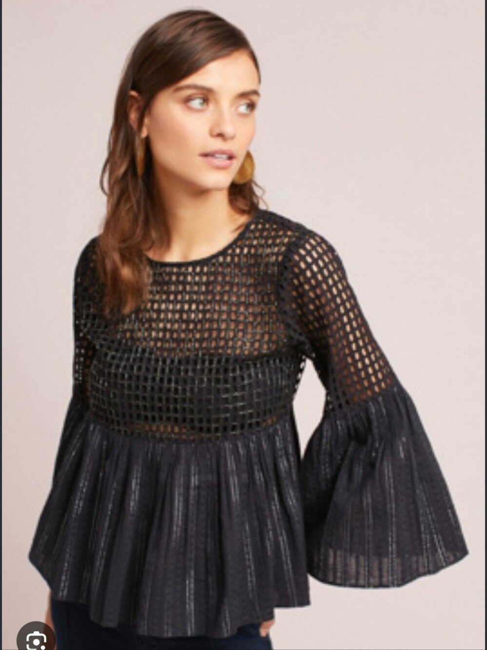 106.NWT Maeve Black Crochet Peplum Bell Sleeve Blouse